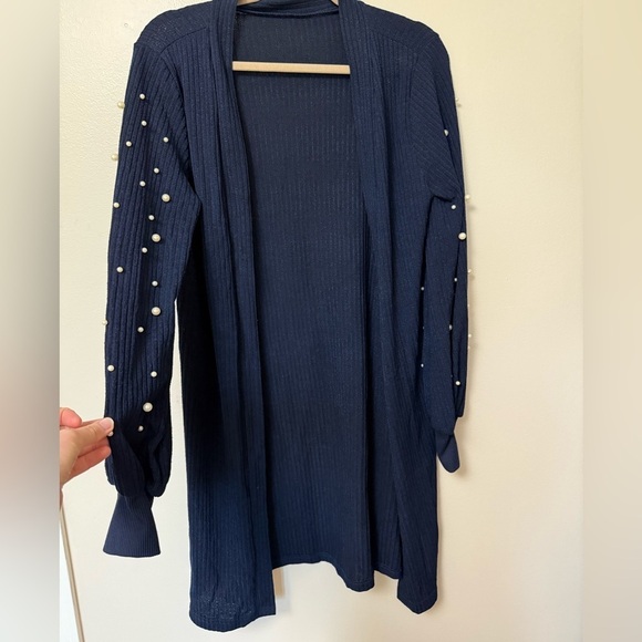 Sweaters - Pearl Embellished longline open front ribbed cotton blend Navy Cardigan
